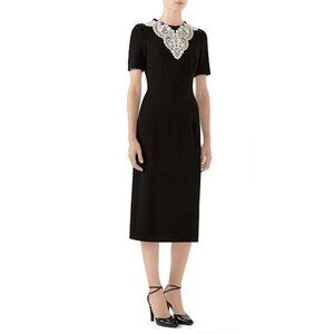 GUCCI DRESS BLACK WOOL SABLE LACE MIDI SHORT SLEEVES sz IT 40 US 4